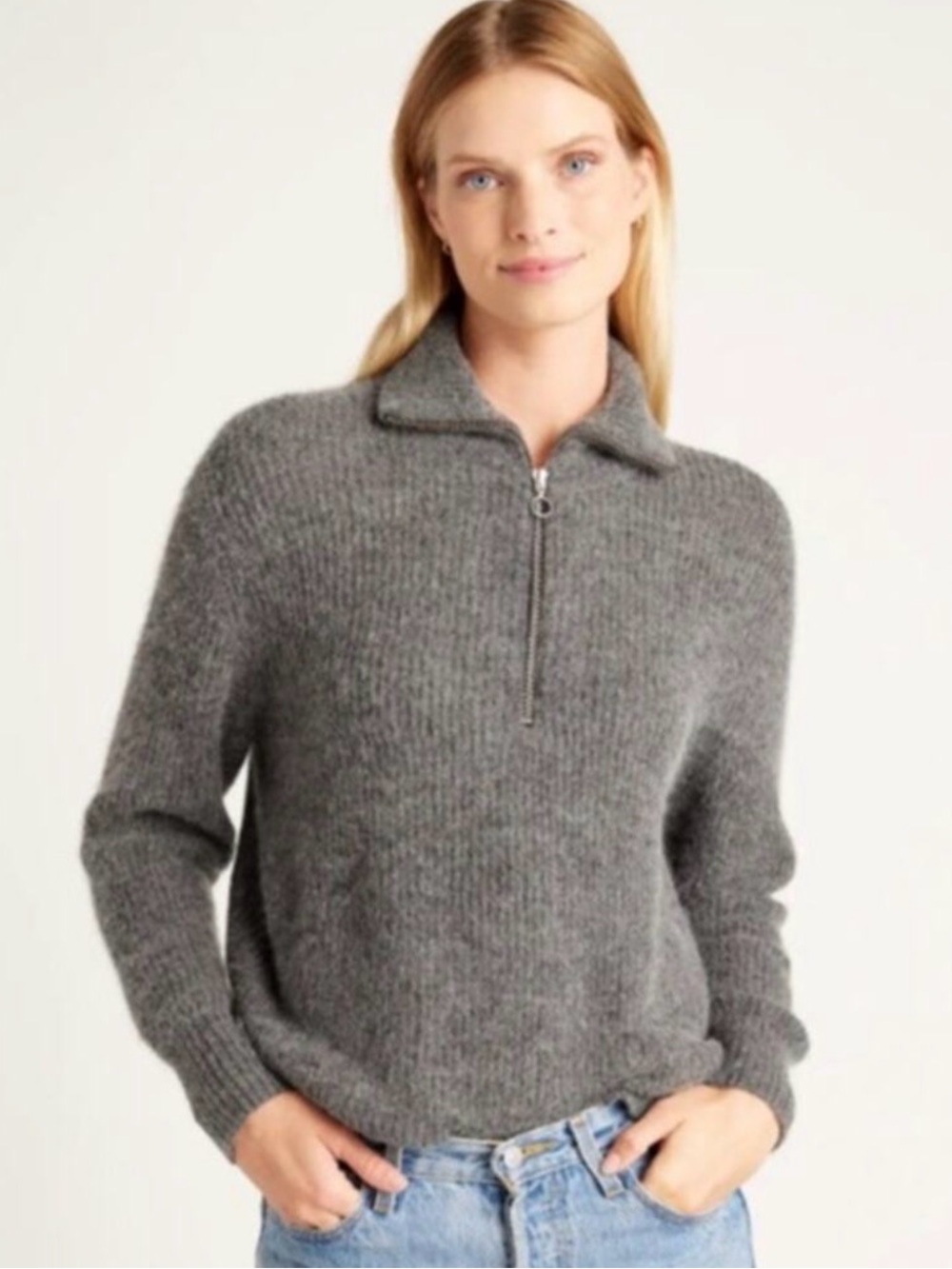 Quince Gray Baby Alpaca-Wool Quarter Zip Sweater